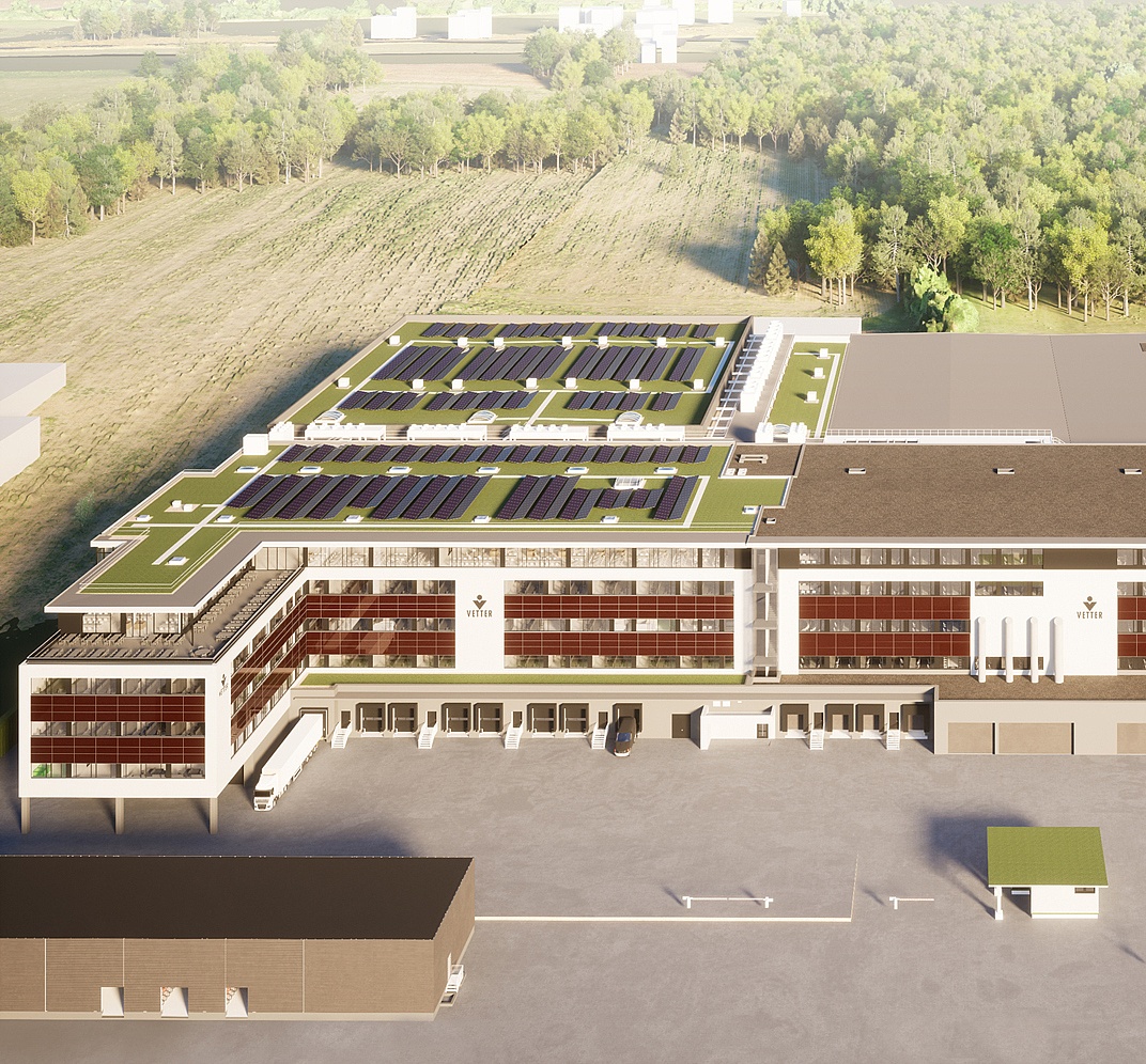 Rendering of the final stage of the building. The left section illustrates the current extension.