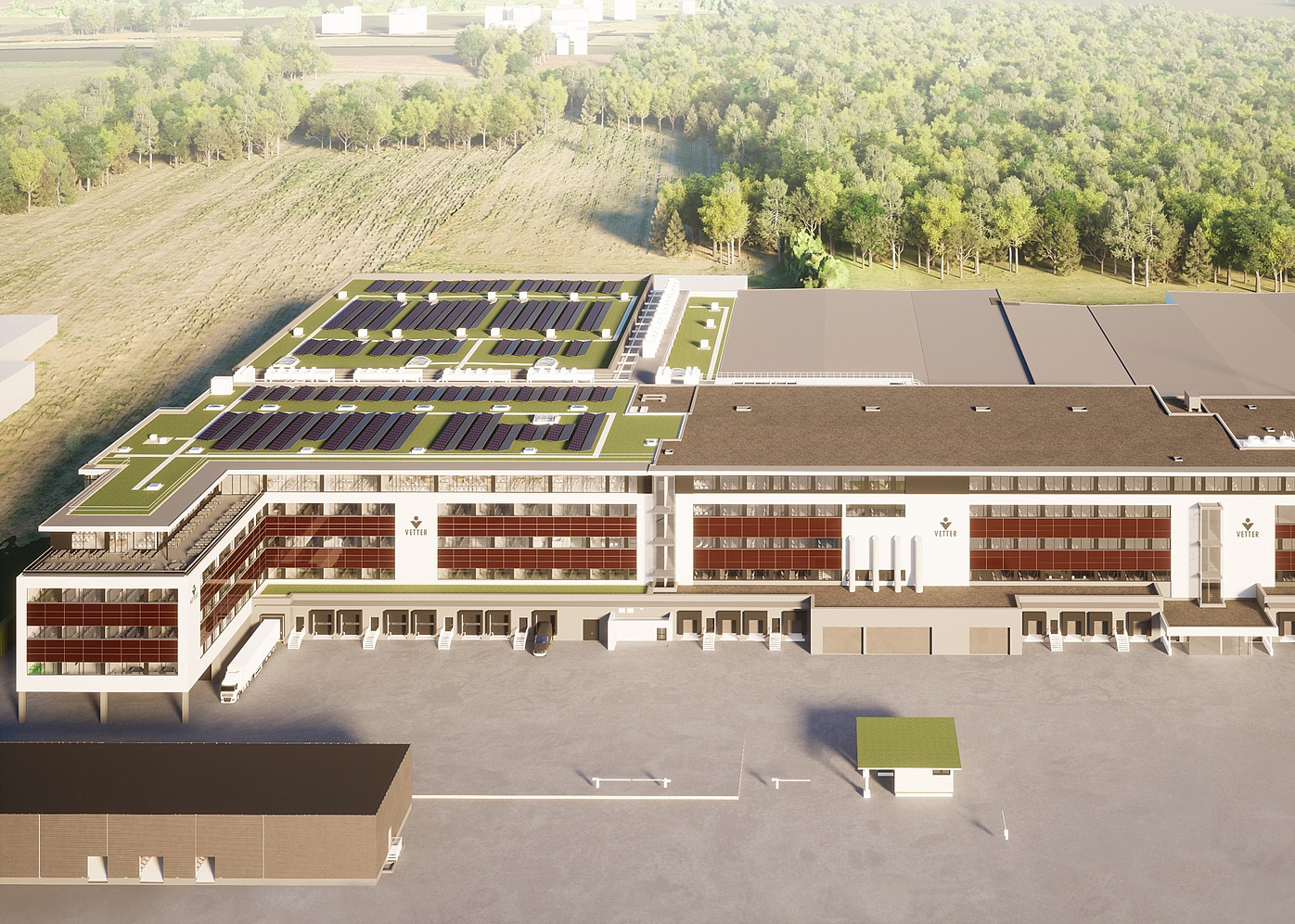 Rendering of the final stage of the building. The left section illustrates the current extension.