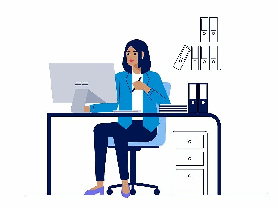 Illustration of a sales person sitting at her desk