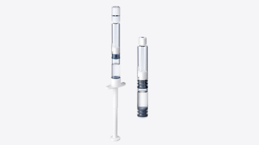 Dual chamber syringe and cartridge with drug product on white background