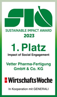 Sustainable Impact Award 2023 1. Platz Impact of Social Engagement Vetter Pharma-Fertigung GmbH & Co. KG WirtschaftsWoche in Kooperation mit GENERALI