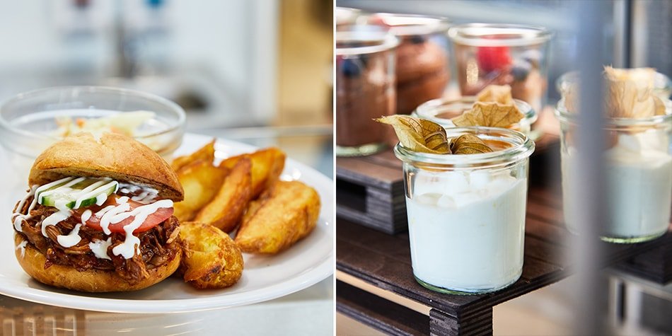 Burger mit Wedges und ein Glas mit einem Nachtisch