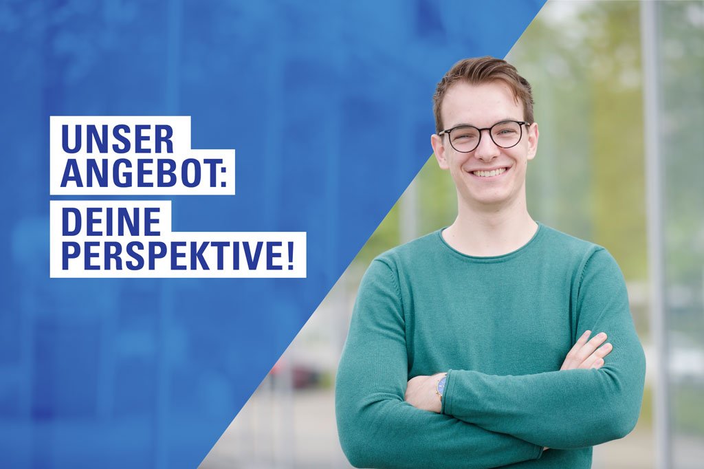 Titelbild mit Aufschrift unser Angebot deine Perspektive! Lächelnder Mitarbeiter 