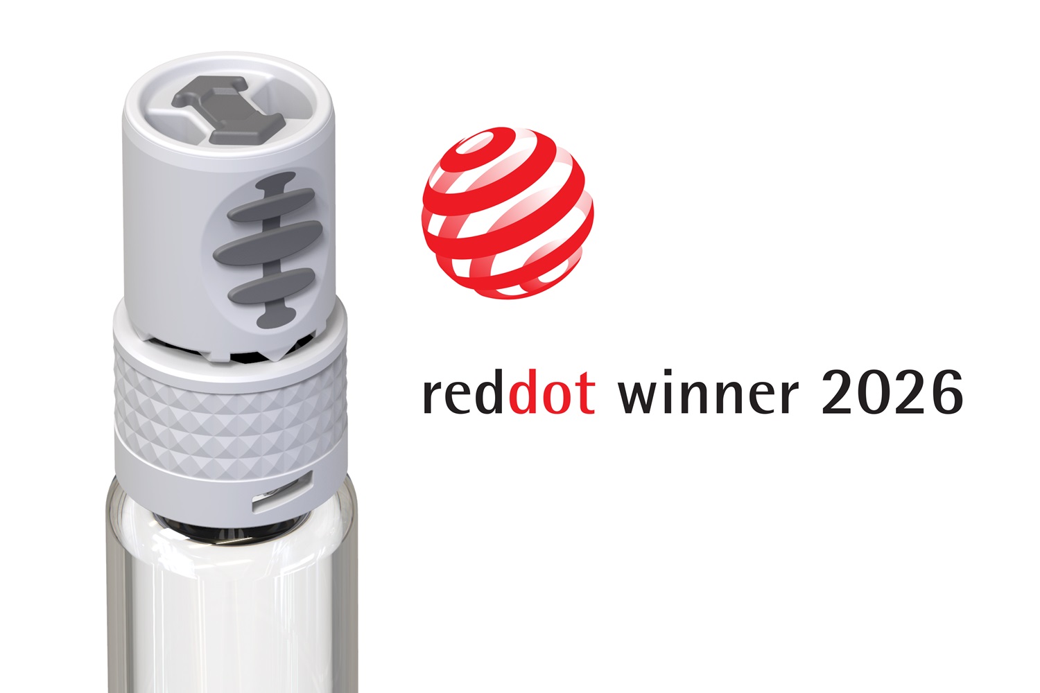 V-OVS® next Verschlusssystem von Vetter neben dem Red Dot Winner 2026 Logo