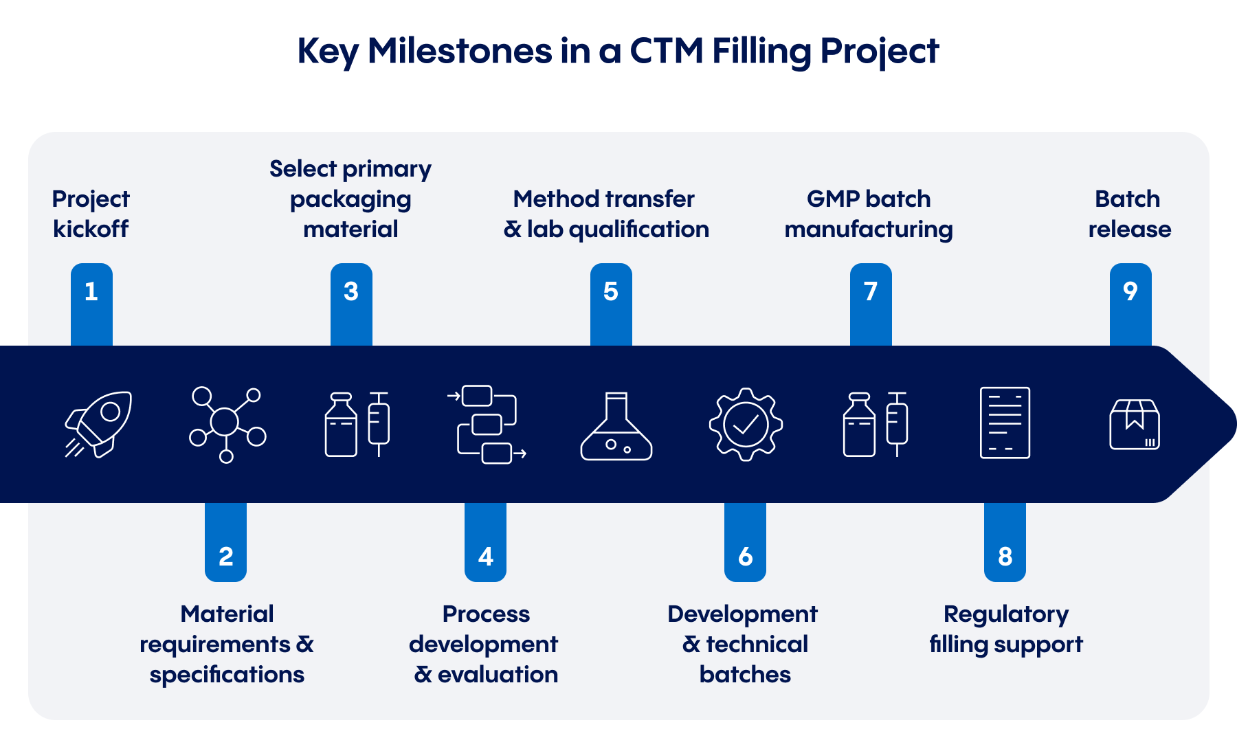 Infographic project milestones for a clinical trial filling project